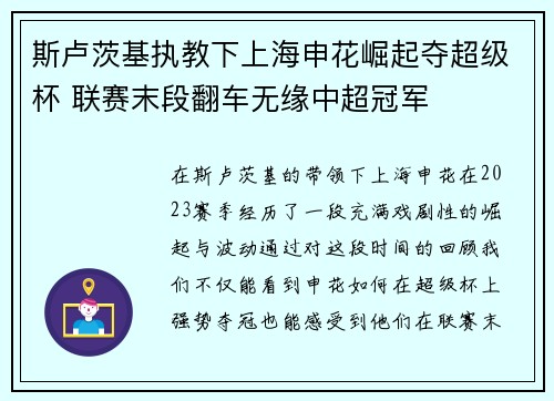 斯卢茨基执教下上海申花崛起夺超级杯 联赛末段翻车无缘中超冠军